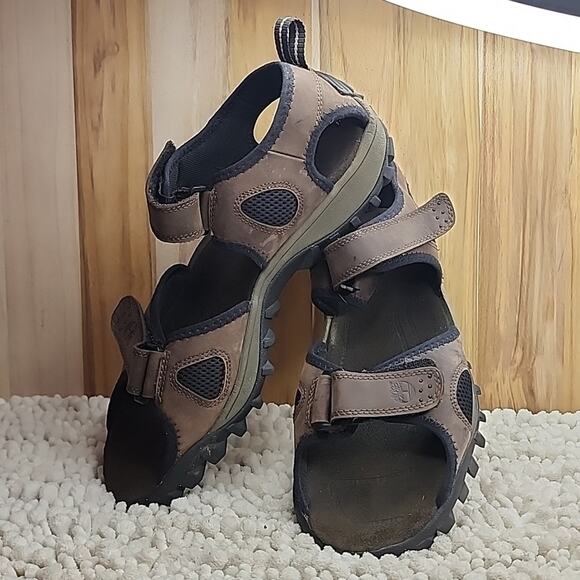 TIMBERLAND GARRISON OPEN TOE VELCRO BROWN LEATHER MENS SANDALS SIZE 12 IN GUC